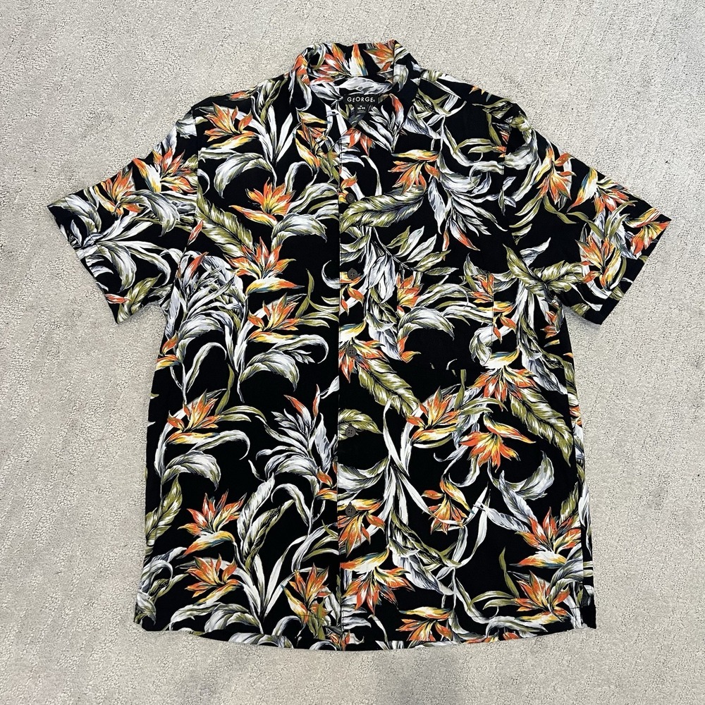 George Hawaiian Shirt Men 38-40 Black Floral Button Up Aloha Island‎ Beachy Luau